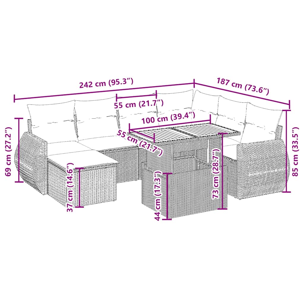 8-tlg. Garten-Sofagarnitur mit Kissen Beige Poly Rattan